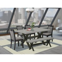 East West Furniture 6 Piece Modern Dining Set - A Cement Top Wood Dining Table With A Bench And 4 Dark Gotham Grey Linen Fabric Upholstered Dining Chairs - Wire Brushed Black Finish
