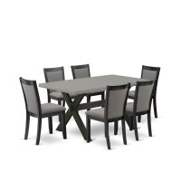 East West Furniture 7 Piece Dining Room Table Set - A Cement Top Mid Century Dining Table With Trestle Base And 6 Dark Gotham Grey Linen Fabric Parson Chairs - Wire Brushed Black Finish