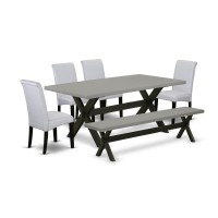 East West Furniture 6 Piece Dining Room Table Set Contains A Cement Dining Table And A Dinning Bench, 4 Grey Linen Fabric Upholstered Chairs With High Back - Wire Brushed Black Finish