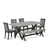 East West Furniture 6 Piece Table Set - Cement Top Modern Dining Table With A Dining Bench And 4 Dark Gotham Grey Linen Fabric Upholstered Parson Chairs - Wire Brushed Black Finish