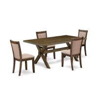 East West Furniture 5 Piece Dining Table Set - A Distressed Jacobean Top Kitchen Table With Trestle Base And 4 Dark Khaki Linen Fabric Dining Chairs - Distressed Jacobean Finish