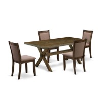 East West Furniture 5 Piece Dinning Table Set - A Distressed Jacobean Top Dining Table With Trestle Base And 4 Coffee Linen Fabric Rustic Dining Chairs - Distressed Jacobean Finish