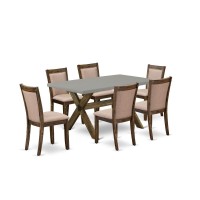 East West Furniture 7 Piece Contemporary Modern Dining Set - A Cement Top Dinner Table With Trestle Base And 6 Dark Khaki Linen Fabric Dining Room Chairs - Distressed Jacobean Finish