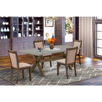 East West Furniture 5 Piece Modern Dinette Set - A Cement Top Rustic Kitchen Table With Trestle Base And 4 Dark Khaki Linen Fabric Dinner Chairs - Distressed Jacobean Finish