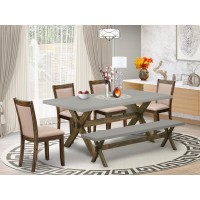 East West Furniture 6 Piece Dinning Set- A Cement Top Dining Table In Trestle Base With Dining Bench And 4 Dark Khaki Linen Fabrics Wooden Dining Chairs - Distressed Jacobean Finish