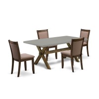 East West Furniture 5 Piece Innovative Dinning Room Set - A Cement Top Wooden Dining Table With Trestle Base And 4 Coffee Linen Fabric Rustic Dining Chairs - Distressed Jacobean Finish