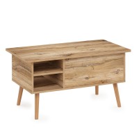 Furinno Jensen Living Room Wooden Leg Lift Top Coffee Table With Hidden Compartment And Side Open Storage Shelf, Flagstaff Oak