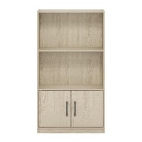 Furinno Gruen 3-Tier Open Shelf Bookcase With 2 Doors Storage Cabinet, Metropolitan Pine