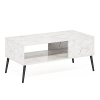Furinno Claude Mid Century Style Coffee Table With Wood Legs, Marble White