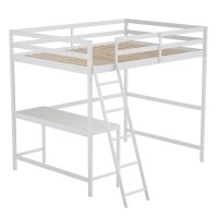 Riley Loft Bed Frame With Desk, Full Size Wooden Bed Frame With Protective Guard Rails & Ladder For Kids And Teens - White