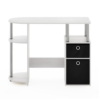 Furinno Jaya Simplistic Computer Study Desk With Bin Drawers, White Oak, Stainless Steel Tubes