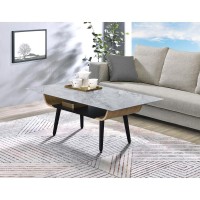 Landon Coffee Table With Glass Gray Marble Texture Top And Bent Wood Design