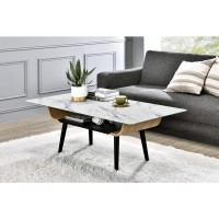 Landon Coffee Table With Glass White Marble Texture Top And Bent Wood Design