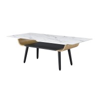 Landon Coffee Table With Glass White Marble Texture Top And Bent Wood Design