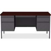 Lorell Fortress Series Double-Pedestal Desk - Rectangle Top - 60 Table Top Width X 30 Table Top Depth X 1.12 Table Top Thickness - 29.50 Height - Assembly Required - Laminated, Mahogany - Steel