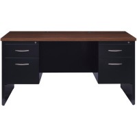 Lorell Walnut Laminate Commercial Steel Desk Series Pedestal Desk - 4-Drawer - 60 X 30 , 1.1 Top - 4 X Box, File Drawer(S) - Double Pedestal - Material: Steel - Finish: Walnut Laminate, Black