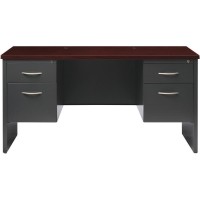 Lorell Mahogany Laminate/Charcoal Steel Double-Pedestal Credenza - 2-Drawer - 60 X 24 , 1.1 Top - 2 X Box, File Drawer(S) - Double Pedestal - Material: Steel - Finish: Mahogany Laminate, Charcoal