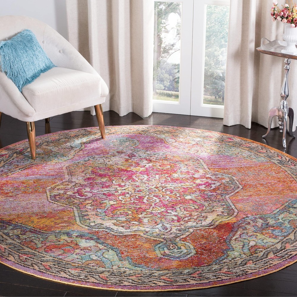 SAFAVIEH Crystal Collection 5' Round Orange / Light Blue CRS502A Boho Chic Oriental Medallion Distressed Non-Shedding Dining Room Entryway Foyer Living Room Bedroom Area Rug