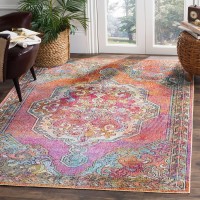 SAFAVIEH Crystal Collection 5' Round Orange / Light Blue CRS502A Boho Chic Oriental Medallion Distressed Non-Shedding Dining Room Entryway Foyer Living Room Bedroom Area Rug