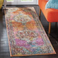 SAFAVIEH Crystal Collection 5' Round Orange / Light Blue CRS502A Boho Chic Oriental Medallion Distressed Non-Shedding Dining Room Entryway Foyer Living Room Bedroom Area Rug