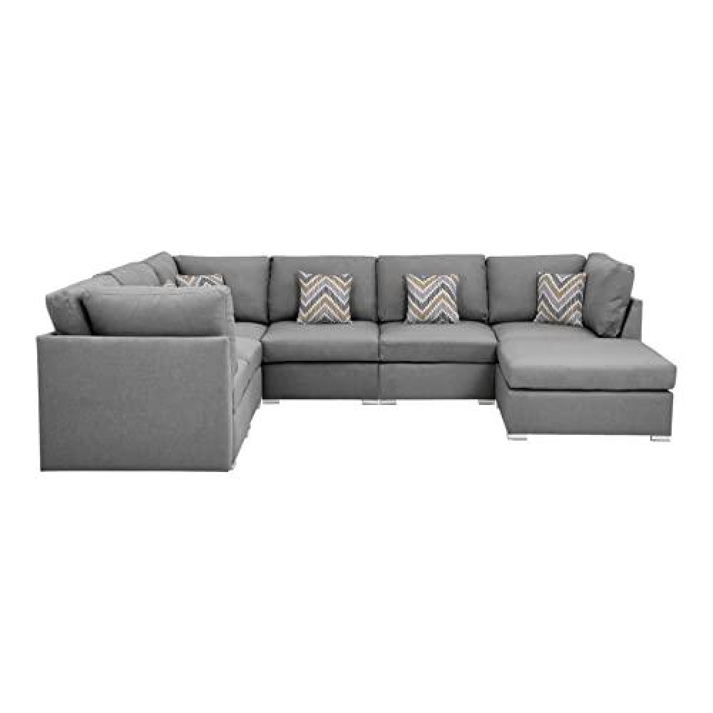 Lilola Home Amira Gray Fabric Reversible Modular Sectional Sofa with Ottoman and Pillows