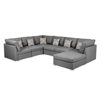 Lilola Home Amira Gray Fabric Reversible Modular Sectional Sofa with Ottoman and Pillows