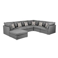 Lilola Home Amira Gray Fabric Reversible Modular Sectional Sofa with Ottoman and Pillows