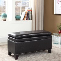 Homeroots Espresso Wood, Polyurethane Foam: 97%, Polyester Fabric: 3% Deep Brown Double Cushion Faux Leather Storage Bench