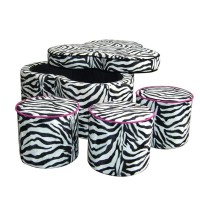 Homeroots Black/White Wood, Polyurethane Foam: 97%, Polyester Fabric: 3% Funky Black White Pink Zebra Storage Ottoman Four Piece Set