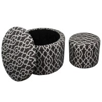Homeroots Brown/Beige Wood, Polyurethane Foam: 97%, Polyester Fabric: 3% Set Of Two Brown And White Lattice Round Ottomans