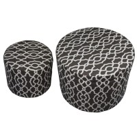 Homeroots Brown/Beige Wood, Polyurethane Foam: 97%, Polyester Fabric: 3% Set Of Two Brown And White Lattice Round Ottomans