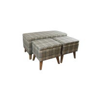 Homeroots Gray Wood, Polyurethane Foam: 97%, Polyester Fabric: 3% Taupe And Blue Plaid Storage Bench And Ottoman Three Piece Set