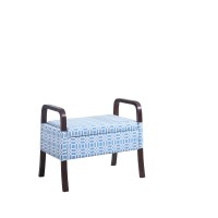 Homeroots Blue/White Wood, Polyurethane Foam: 97%, Polyester Fabric: 3% Blue And White Vanity Seat With Wooden Handles