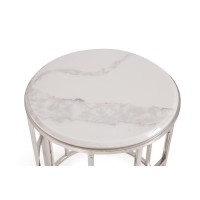 Homeroots Stylish Silver And White Marble Round Geometric End Or Side Table