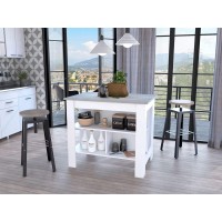 Homeroots White-Ibiza Marble Particle Board Marble And White Kitchen Island With Three Storage Shelves