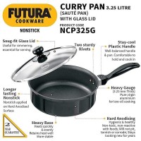 Hawkins Futura 3.25 Litre Curry Pan, Non Stick Saute Pan with Glass Lid, Deep Pan for Frying, Black (NCP325G)