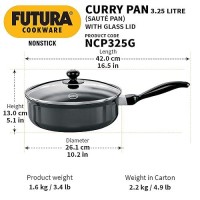 Hawkins Futura 3.25 Litre Curry Pan, Non Stick Saute Pan with Glass Lid, Deep Pan for Frying, Black (NCP325G)