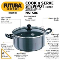 Hawkins Futura 5 Litre Cook n Serve Stewpot, Non Stick Pot with Glass Lid, Cooking Pot with Lid, Black (NST50G)