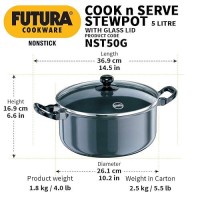 Hawkins Futura 5 Litre Cook n Serve Stewpot, Non Stick Pot with Glass Lid, Cooking Pot with Lid, Black (NST50G)