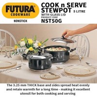 Hawkins Futura 5 Litre Cook n Serve Stewpot, Non Stick Pot with Glass Lid, Cooking Pot with Lid, Black (NST50G)