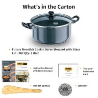 Hawkins Futura 5 Litre Cook n Serve Stewpot, Non Stick Pot with Glass Lid, Cooking Pot with Lid, Black (NST50G)