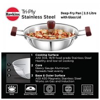 Hawkins 2.5 Litre Deep Fry Pan, Triply Stainless Steel Kadai with Glass Lid, Flat Bottom Induction Kadhai, Silver (SSD25G)