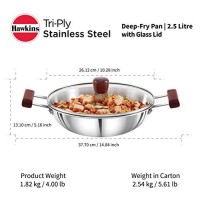 Hawkins 2.5 Litre Deep Fry Pan, Triply Stainless Steel Kadai with Glass Lid, Flat Bottom Induction Kadhai, Silver (SSD25G)