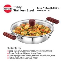 Hawkins 2.5 Litre Deep Fry Pan, Triply Stainless Steel Kadai with Glass Lid, Flat Bottom Induction Kadhai, Silver (SSD25G)