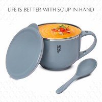 Jaypee Plus Stainless Steel Soup Bowl with Lid & Spoon Holder Souptok, Maggi Bowl Noodles Pasta Bowl Mug for Milk, Best Diwali Gift, Mug for Kids, Girls, Boys, Birthday, Blue