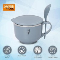 Jaypee Plus Stainless Steel Soup Bowl with Lid & Spoon Holder Souptok, Maggi Bowl Noodles Pasta Bowl Mug for Milk, Best Diwali Gift, Mug for Kids, Girls, Boys, Birthday, Blue