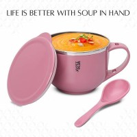 Jaypee Plus Stainless Steel Soup Bowl with Lid & Spoon Holder Souptok, Maggi Bowl Noodles Pasta Bowl Mug,Mug for Milk, Best Diwali Gift, Mug for Kids, Girls, Boys, Birthday, Pink