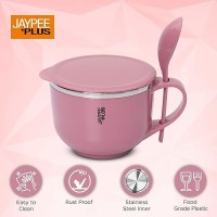 Jaypee Plus Stainless Steel Soup Bowl with Lid & Spoon Holder Souptok, Maggi Bowl Noodles Pasta Bowl Mug,Mug for Milk, Best Diwali Gift, Mug for Kids, Girls, Boys, Birthday, Pink