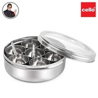 Cello Steelox Stainless Steel Masala Dabba/Spice Box with See Through Lid, 7 Containers and 2 Small Spoons, (150mlx7), Silver, Large