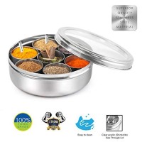 Cello Steelox Stainless Steel Masala Dabba/Spice Box with See Through Lid, 7 Containers and 2 Small Spoons, (150mlx7), Silver, Large